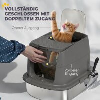 Große Katzentoilette aus Edelstahl, geschlossene Katzenstreuschale mit Metallschaufel und Deobeutel, dunkelgrau
