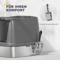 Große Katzentoilette aus Edelstahl, geschlossene Katzenstreuschale mit Metallschaufel und Deobeutel, dunkelgrau