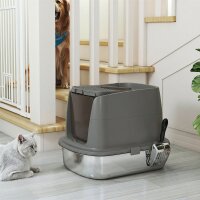 Große Katzentoilette aus Edelstahl, geschlossene Katzenstreuschale mit Metallschaufel und Deobeutel, dunkelgrau