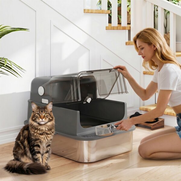 Katzenklo Edelstahl mit Deckel XXL 72L für große Katzen und Mehrere Katzen mit Doppeltüren Schaufel Pedal Anti-Leck