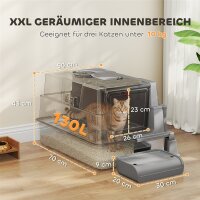 Katzenklo XXL Edelstahl Katzentoilette 130L mit 180° Klappdeckel Hohen Seitenwänden Schaufel Trittstufe 70x50x43cm Grau