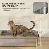 Katzenklo XXL Edelstahl Katzentoilette 130L mit 180° Klappdeckel Hohen Seitenwänden Schaufel Trittstufe 70x50x43cm Grau