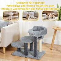 Kratzbaum und Katzentreppe, breite Basis, Plüschstoff, Sisalkratzsäule, Grau