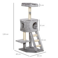 Kratzbaum 120 cm Katzenturm mit Höhle, Spielball, Sisalstämme, Plattform, Treppe, mehrstöckiger Katzenkratzbaum, Kletterbaum für Katzen, Hellgrau