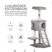 Kratzbaum 120 cm Katzenturm mit Höhle, Spielball, Sisalstämme, Plattform, Treppe, mehrstöckiger Katzenkratzbaum, Kletterbaum für Katzen, Hellgrau