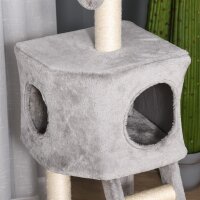 Kratzbaum 120 cm Katzenturm mit Höhle, Spielball, Sisalstämme, Plattform, Treppe, mehrstöckiger Katzenkratzbaum, Kletterbaum für Katzen, Hellgrau