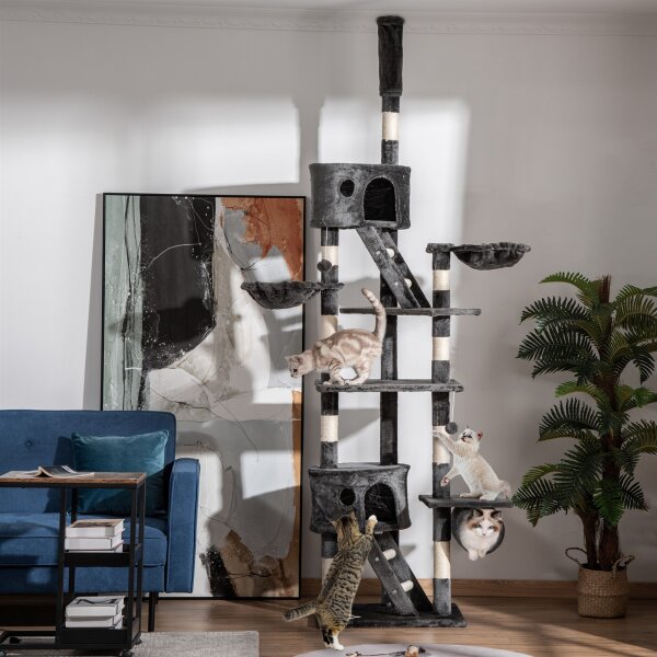 Kratzbaum deckenhoch Höhe 240-260 cm Katzenbaum mit Plüschbälle, Katzenhöhle, Hängematte, Sisalstämme, Plattformen mehrstöckiger Katzenkratzbaum Kletterbaum für große Katzen, Dunkelgrau