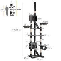 Kratzbaum deckenhoch Höhe 240-260 cm Katzenbaum mit Plüschbälle, Katzenhöhle, Hängematte, Sisalstämme, Plattformen mehrstöckiger Katzenkratzbaum Kletterbaum für große Katzen, Dunkelgrau