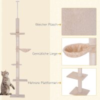 Kratzbaum Deckenhoch höhenverstellbar, stabiler Katzenbaum mit Sisalsäulen, Katzen Kletterbaum, Beige, 40 x 34 x 230-260 cm