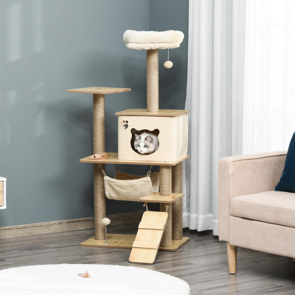 Kratzbaum Katzenbaum für Katzen Kletterbaum aus Holz mit Katzenhöhle Jutestämmen großer Plattform Spielbälle 130 cm Höhe stabil Plüsch Gelb 60 x 40 x 130 cm