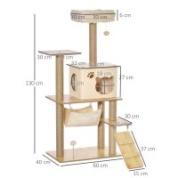 Kratzbaum Katzenbaum für Katzen Kletterbaum aus Holz mit Katzenhöhle Jutestämmen großer Plattform Spielbälle 130 cm Höhe stabil Plüsch Gelb 60 x 40 x 130 cm