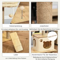 Kratzbaum Katzenbaum für Katzen Kletterbaum aus Holz mit Katzenhöhle Jutestämmen großer Plattform Spielbälle 130 cm Höhe stabil Plüsch Gelb 60 x 40 x 130 cm