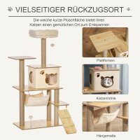 Kratzbaum Katzenbaum für Katzen Kletterbaum aus Holz mit Katzenhöhle Jutestämmen großer Plattform Spielbälle 130 cm Höhe stabil Plüsch Gelb 60 x 40 x 130 cm