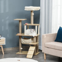 Kratzbaum Katzenbaum für Katzen Kletterbaum aus Holz mit Katzenhöhle Jutestämmen großer Plattform Spielbälle 130 cm Höhe stabil Plüsch Gelb 60 x 40 x 130 cm
