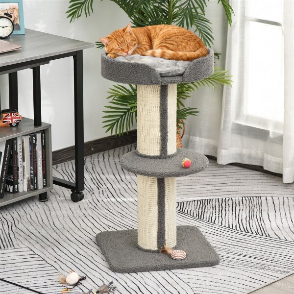 Kratzbaum Katzenturm 91 cm mit Sisalstämme, Plattform, Kissen mehrstöckiger Katzenkratzbaum, Kletterbaum, für mittelgroße Katzen, Grau