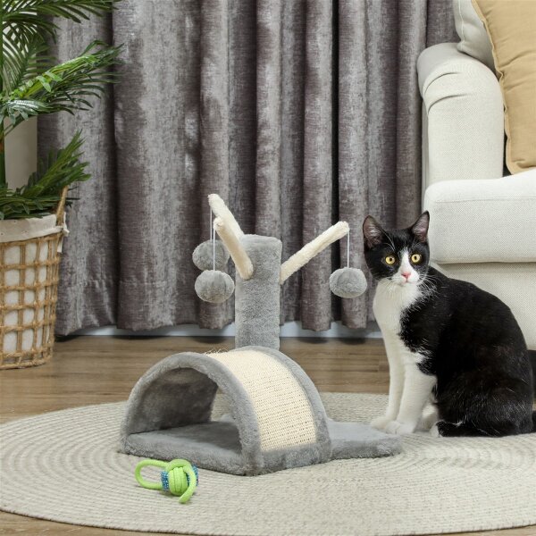 Kratzbaum 40 cm Kleiner Katzenturm mit Höhle, 2 Spielball, Kratzmatte, Katzenkratzbaum, Kletterbaum, für kleine & große Katzen, Hellgrau