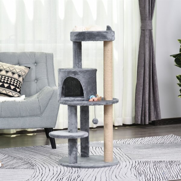 Katzenbaum 4-Stock Katzenhöhle Katzenhaus mit Spielbällen Sitzstange Sisalsäule und Kratzbrett groß stabil luxuriös Sisal Plüsch Grau 48x48x104 cm
