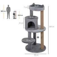 Katzenbaum 4-Stock Katzenhöhle Katzenhaus mit Spielbällen Sitzstange Sisalsäule und Kratzbrett groß stabil luxuriös Sisal Plüsch Grau 48x48x104 cm