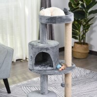 Katzenbaum 4-Stock Katzenhöhle Katzenhaus mit Spielbällen Sitzstange Sisalsäule und Kratzbrett groß stabil luxuriös Sisal Plüsch Grau 48x48x104 cm
