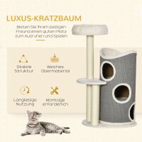 Kratzbaum mit Katzenbett u. Kratztonne für Katzen, 60 cm x 44,5 cm x 109 cm, Grau + Natur + Weiß