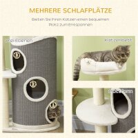 Kratzbaum mit Katzenbett u. Kratztonne für Katzen, 60 cm x 44,5 cm x 109 cm, Grau + Natur + Weiß