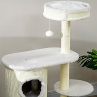 Kratzbaum mit Kratztonne, 1 Katzenbett und Katzenspielzeug, 59 cm x 35 cm x 100 cm, Cremeweiß