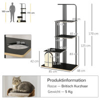 Kratzbaum, Industrial Design, 3 Plattformen, 2 Liegekissen, Kratzwand, Stahlrahmen, schwarz, 85 x 48 x 170 cm