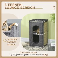 Kratztonne mit 2 Katzenhöhlen, 1 Liegefläche, Sisal-Kratzmatte, Plüsch, Grau + Natur