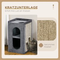 Kratztonne mit 2 Katzenhöhlen, 1 Liegefläche, Sisal-Kratzmatte, Plüsch, Grau + Natur