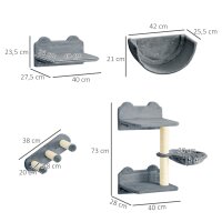 Kletterwand-Set für Katzen, Hängematte, Kratzbrett, Sprungplattformen, Plüsch, Sisal, Grau