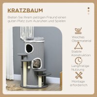 Kratzbaum Kratztonne, 2 Katzenhöhlen, 4 Liegeflächen, 4 Kratzpfosten, 57 cm x 57 cm x 99 cm, Grau + Weiß
