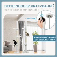 Deckenhoher Kratzbaum, variable Höhe 2,25-2,55 m, Sitzplattformen, Kippschutz, Spielbälle, weiß