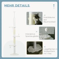 Deckenhoher Kratzbaum, variable Höhe 2,25-2,55 m, Sitzplattformen, Kippschutz, Spielbälle, weiß