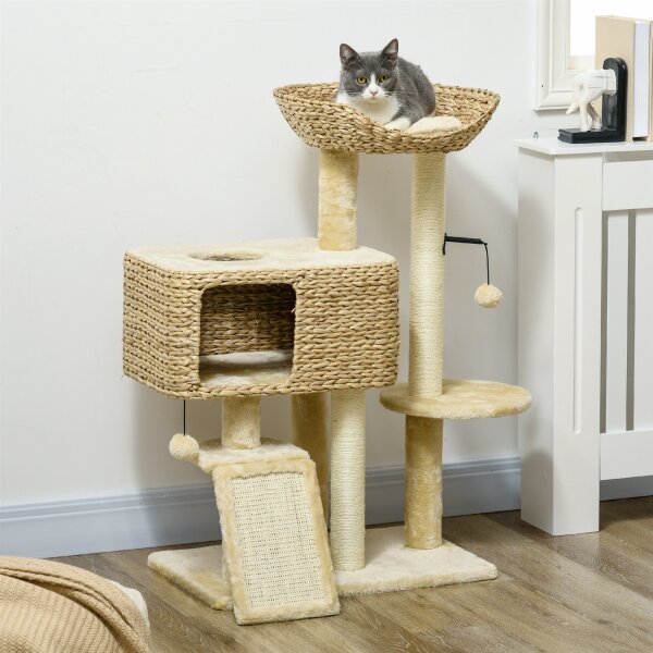 Kratzbaum Katzenbaum, 1 Katzenhöhle, 1 Katzbenbett, 1 Liegefläche, 1 Rampe, 60 cm x 40 cm x 98 cm, Natur + Beige