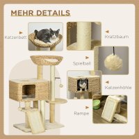 Kratzbaum Katzenbaum, 1 Katzenhöhle, 1 Katzbenbett, 1 Liegefläche, 1 Rampe, 60 cm x 40 cm x 98 cm, Natur + Beige