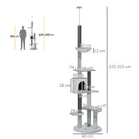 Kratzbaum mit Deckenspanner, Hängematte, Haus, Plattformen, Spielball, 225-255cm, Grau