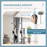 Kratzbaum mit Deckenspanner, Hängematte, Haus, Plattformen, Spielball, 225-255cm, Grau