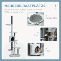 Kratzbaum mit Deckenspanner, Hängematte, Haus, Plattformen, Spielball, 225-255cm, Grau