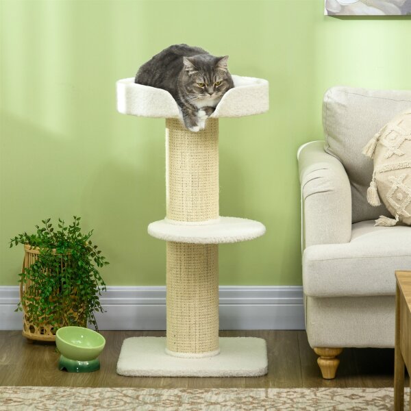 Katzenbaum 91cm Spielbaum mit Katzenbett, Plattform Lammwolle Creme