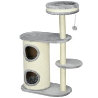 Kratzbaum für Katzen, Sisal-Seilpfosten, weicher Plüsch, mehrstufig, Ballspielzeug, Grau, 59x35x100 cm