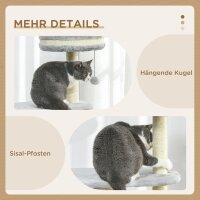 Kratzbaum für Katzen, Sisal-Seilpfosten, weicher Plüsch, mehrstufig, Ballspielzeug, Grau, 59x35x100 cm