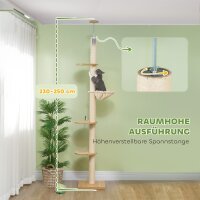 Deckenhoher Kratzbaum, Anti-Kipp-Sicherung, Sisal-Seilpfosten, Holzwerkstoff, Eiche+Cremeweiß