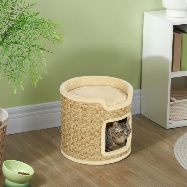 Katzenkratzbaum, Spiel- und Entspannungsbereich, Plüsch, Φ38 x 37H cm, Khaki-Beige, bis zu 5 kg