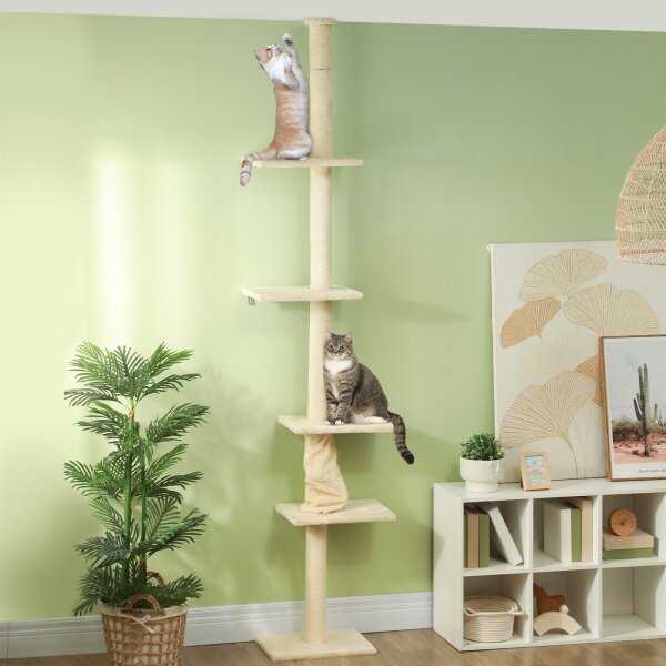 Kratzbaum, verstellbare Höhe 225-275 cm, stabile Basis, Kippschutz, Plüschbezug, Cremeweiß