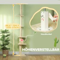 Kratzbaum, verstellbare Höhe 225-275 cm, stabile Basis, Kippschutz, Plüschbezug, Cremeweiß