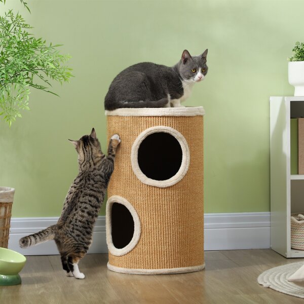 Katzenbaum mit viel Platz, Plüschbezug, Sisal-Oberfläche, Φ35 x 60H cm, Braun-Beige, 10 kg