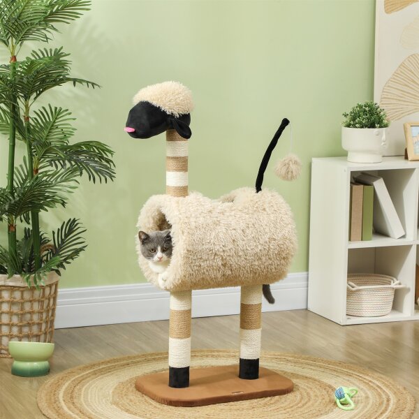 Katzenbaum im Schaf-Design, mit Kratzpfosten, Tunnel und Spielzeug, 98 cm, Hellbraun