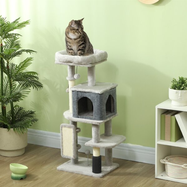 Kratzbaum 104 cm Katzenbaum mit Katzenhöhle Bett Sisal-Kratzsäulen Kratzbrett Plüschbälle für Katzen bis 5 kg Hellgrau