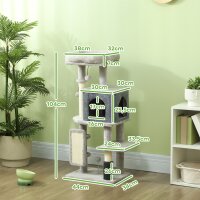Kratzbaum 104 cm Katzenbaum mit Katzenhöhle Bett Sisal-Kratzsäulen Kratzbrett Plüschbälle für Katzen bis 5 kg Hellgrau
