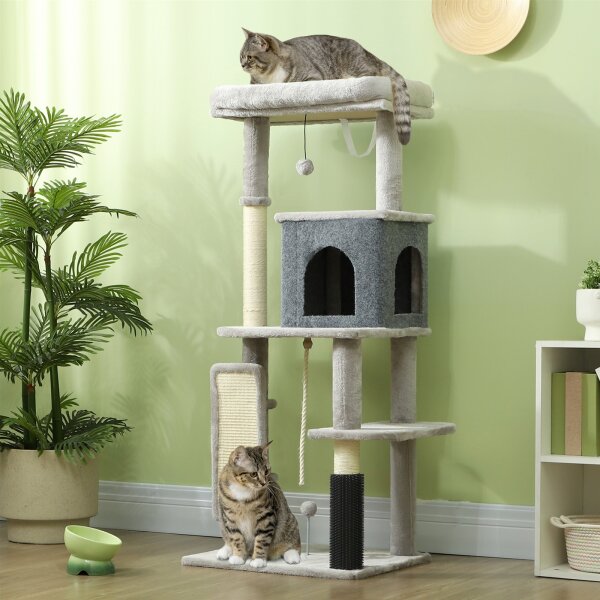 132 cm Katzenbaum mit Kratzpfosten, Bett, Haus, Sprungplattformen, Pflegebürste, Hellgrau